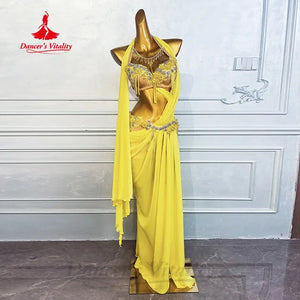 Belly Dance Costume, Women's Yellow Sequin Beaded Chiffon Halter Top & Skirt Set, Professional Performance Wear