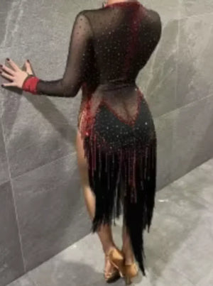 Women's Black & Red Sequin Fringe Mesh Latin Rhythm Dance Dress