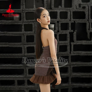 Women's Brown Shimmer Halterneck Ruched Latin Dance Dress with Tulle Ruffle Skirt