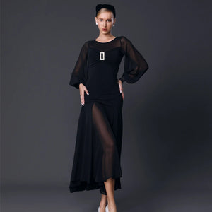 Women's Lavender & Black Sheer Sleeve Ballroom Dance Dress, Mesh & Chiffon, Latin & Standard