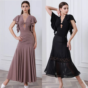 Women's Brown V-Neck Ruffle Sleeve Ruched Ballroom Dance Dress, Women's Black V-Neck Ruffle Sleeve Lace Pleated Hem Ballroom Dance Dress
