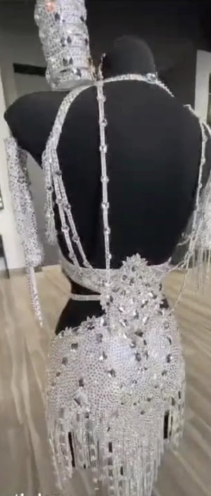 Women's Silver Sequin & Fringe Latin Dance Dress with Cut-Out Details