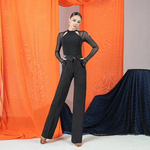 Women's Black Mesh Long Sleeve Halter Neck Leotard for Ballroom Dance