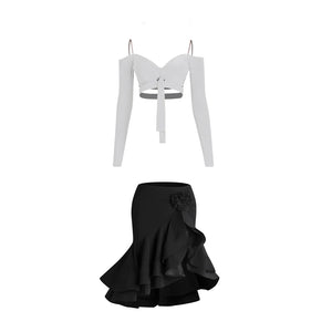 Women's Burgundy & Black Off-Shoulder Crop Top & Ruffled Skirt Latin Dance Costume Set