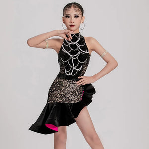Dance Dress Girls Black and Beige Lace Beaded Halterneck Ruffled Latin Ballroom