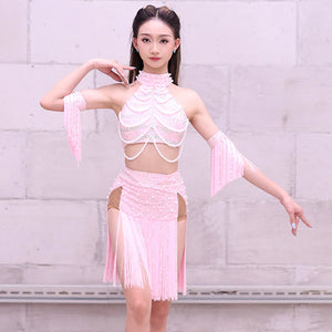 Women's Pink Sequin Pearl Fringe Halter Crop Top and Skirt Latin Dance Costume