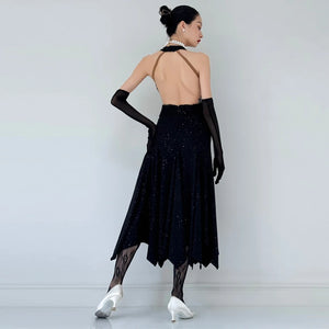 Women's Black Sequin Halter Neck Midi Dance Dress with Gloves and Lace Tights for Ballroom Dance