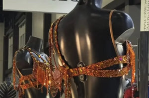 Latin Dance Top and Skirt Set, Women's, Red and Copper, Beaded Fringe Rhinestone Embellished, Ballroom Dance