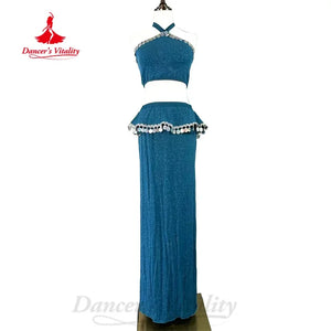 Belly Dance Costume Women's Red Halter Crop Top & Sequin Ruffle Maxi Skirt Set, Shimmer Fabric