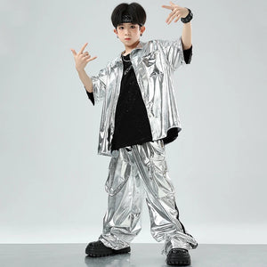 Kids' Silver Metallic Hip Hop Dance Costume Set, Loose Fit Short Sleeve Shirt & Cargo Pants