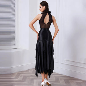 Women's Black Mesh & Satin Halterneck Latin Rhythm Ballroom Dance Dress with Ruffled Skirt