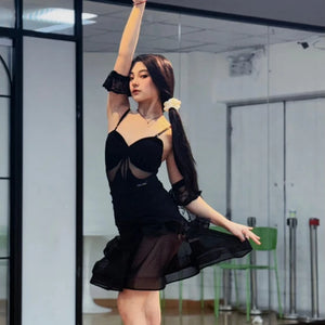 Women's Black Mesh Ruffled Latin Rhythm Salsa Dance Dress