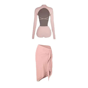 Women's Pink Long Sleeve Mock Neck Cut-Out Bodysuit with Black Asymmetrical Wrap Skirt for Latin Dance