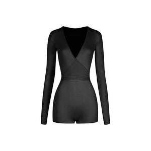 Women's Black, Pink, Ivory Long Sleeve V-Neck Wrap Bodysuit with Ruffled Tulle & Satin Tie Skirt for Latin Ballroom Dance