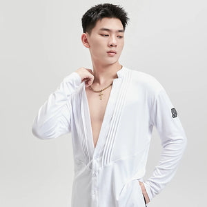 Men's White & Black Pleated V-Neck Long Sleeve Button-Down Dance Shirt