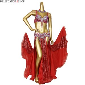 Belly Dance Costume Women Blue Sequin Chiffon Bra Belt Skirt Set with Shoulder Chains and Rhinestone Choker for Belly Dancing