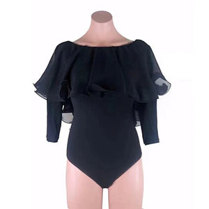 Women's White Ruffled Off-Shoulder Bodysuit with Long Sleeves, Blue High-Waisted Button-Front Pants for Latin Dance