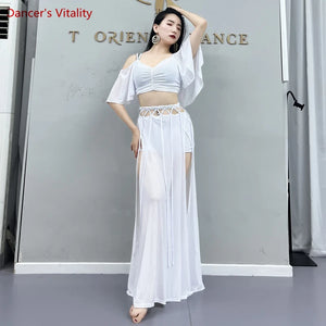 Belly Dance Costume Women Purple V-Neck Off-Shoulder Crop Top and Slit Skirt Set with Rhinestone Detail