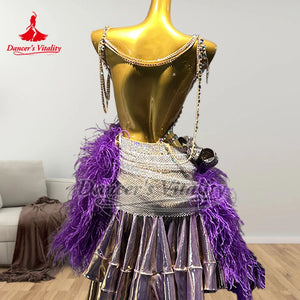 Women's Purple and Silver Sequin Feather Tiered Latin Rhythm Dance Dress