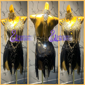 Latin Dance Dress Women Black Gold Fringe Crystal Choker Halterneck Backless Sequin Tassel Rhythm Salsa Tango Performance