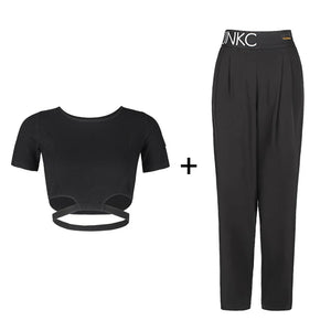 Women's Black Cut-Out Long Sleeve Crop Top and Pleated Wide Leg Dance Pants Set, Pinko Branded