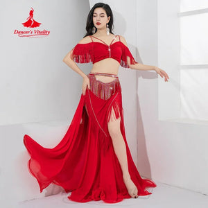 Belly Dance Costume Womens Red Chiffon Fringe & Rhinestone Off-Shoulder Crop Top & High-Slit Maxi Skirt Set