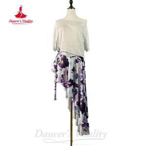 Women's Pink Off-Shoulder Crop Top and Floral Asymmetrical Skirt Set, Lightweight Dance Practice Outfit