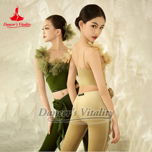 Girls' Gold & Green Velvet Floral Off-Shoulder Dance Top & Pants Set, Modern Lyrical Ballet Contemporary