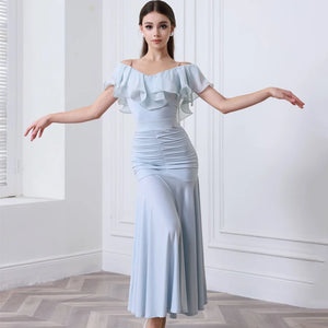 Women's Black Off-Shoulder Ruffled Ruched Ballroom Dance Dress, Light Blue Off-Shoulder Ruffled Ruched Ballroom Dance Dress, Mauve Off-Shoulder Ruffled Ruched Ballroom Dance Dress