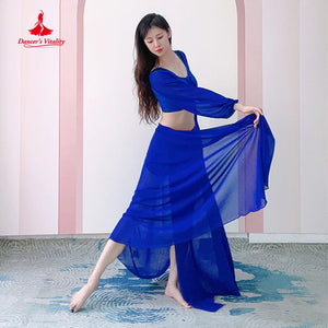 Belly Dance Costume Women's Adult Blue Chiffon Long Sleeve Halter Top & Skirt Set, Red Chiffon Long Sleeve Halter Top & High-Slit Skirt Set