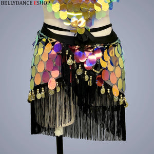 Belly Dance Halter Top and Skirt Set, Women's Iridescent Sequin Fringe Latin Dance Costume