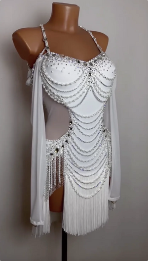 Women's White Embellished Fringe Latin Dance Dress