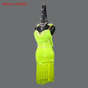 Women's Fluorescent Green Rhinestone Fringe Latin Dance Dress