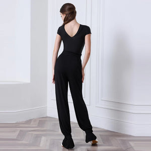 Women's Black Short Sleeve Boat Neck Dance Top and Wide Leg Ruffle Hem Pants Set for Latin Ballroom