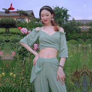 Belly Dance Women's Lavender Chiffon Slit Harem Pants with Ruffled Waistband