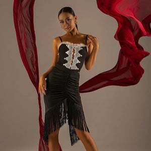 Women's Black Ruched Fringe Asymmetrical Latin Dance Skirt