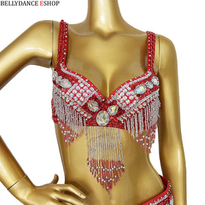 Belly Dance Costume Women Yellow & Gold Sequin Chiffon Bra Belt Skirt Set with Rhinestone Fringe