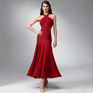 Women's Red Halter Neck Ballroom Dance Dress with Mesh Panels and Flowy Skirt