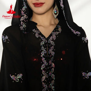 Belly Dance Women's Black Sheer Chiffon Kaftan with Silver Embroidery and Sequin Accents Tribal Fusion Costume