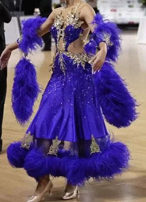 Women's Royal Blue Feathered and Bejeweled Ballroom Dance Dress