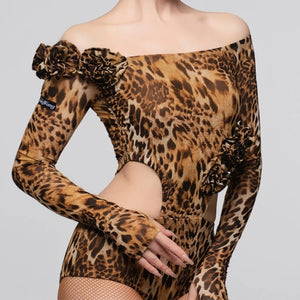 Women's Brown Leopard Print Latin Dance Dress with Black Lace, High-Low Hem, and Ruffled Detail