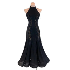 Women's Black Halter Neck Rhinestone Embellished Backless Ballroom Dance Dress
