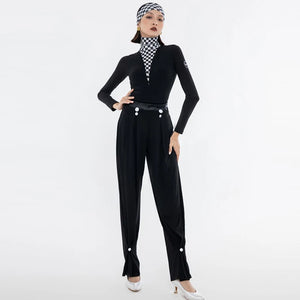 Women's Black & White Checkered Long Sleeve Turtleneck Bodysuit with Pleated Pants, Ballroom Dance