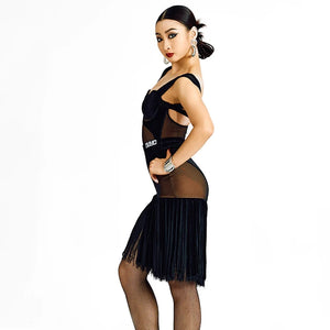 Women's Black Velvet Mesh Fringe Latin Dance Dress