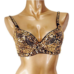 Sequin Embellished Dance Bra Top Gold Black Latin Ballroom Salsa Belly Dance Costume Women's