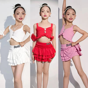 Girls Latin Dance Costume, White/Red/Pink Ruffled Crop Top & Skirt Set with Buttons, Performance/Practice Outfit
