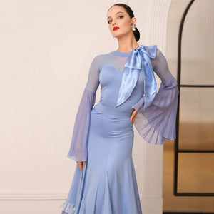 Women's Blue Mesh Bell Sleeve Ballroom Dance Dress with Satin Bow & Ruffled Hem