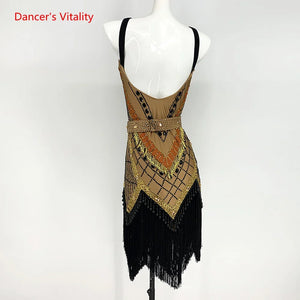 Women's Black, Gold & Tan Beaded Fringe Latin Salsa Dance Dress with Rhinestone Belt