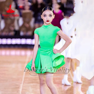 Girls Green Short Sleeve Ruffled Latin Dance Dress