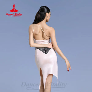 Women's Purple One-Shoulder Asymmetrical Slit Latin Dance Dress with Black Sash